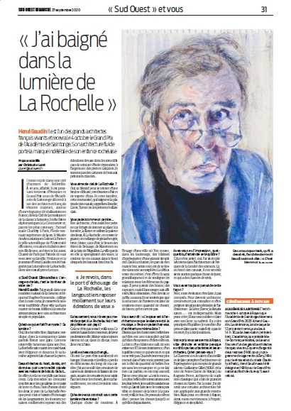 Sud Ouest Dimanche, 27/09/2020 : Henri Gaudin : « J'ai baigné dans la lumière de La Rochelle »