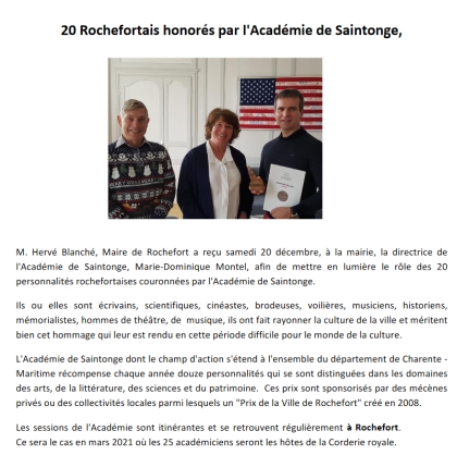 20 Rochefortais honorés par l'Académie de Saintonge