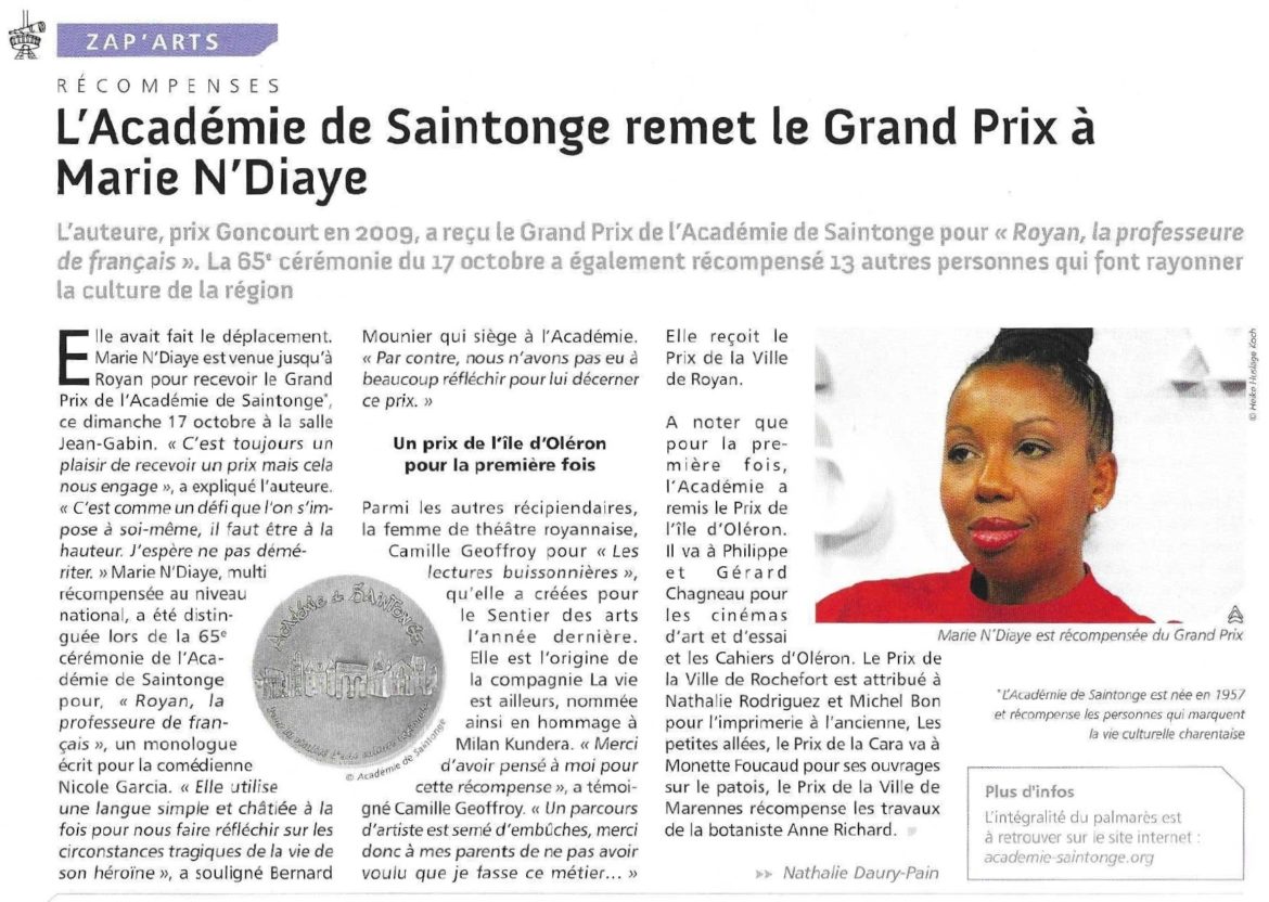 L’Académie de Saintonge remet le Grand Prix à Marie N’Diaye