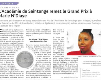 L’Académie de Saintonge remet le Grand Prix à Marie N’Diaye