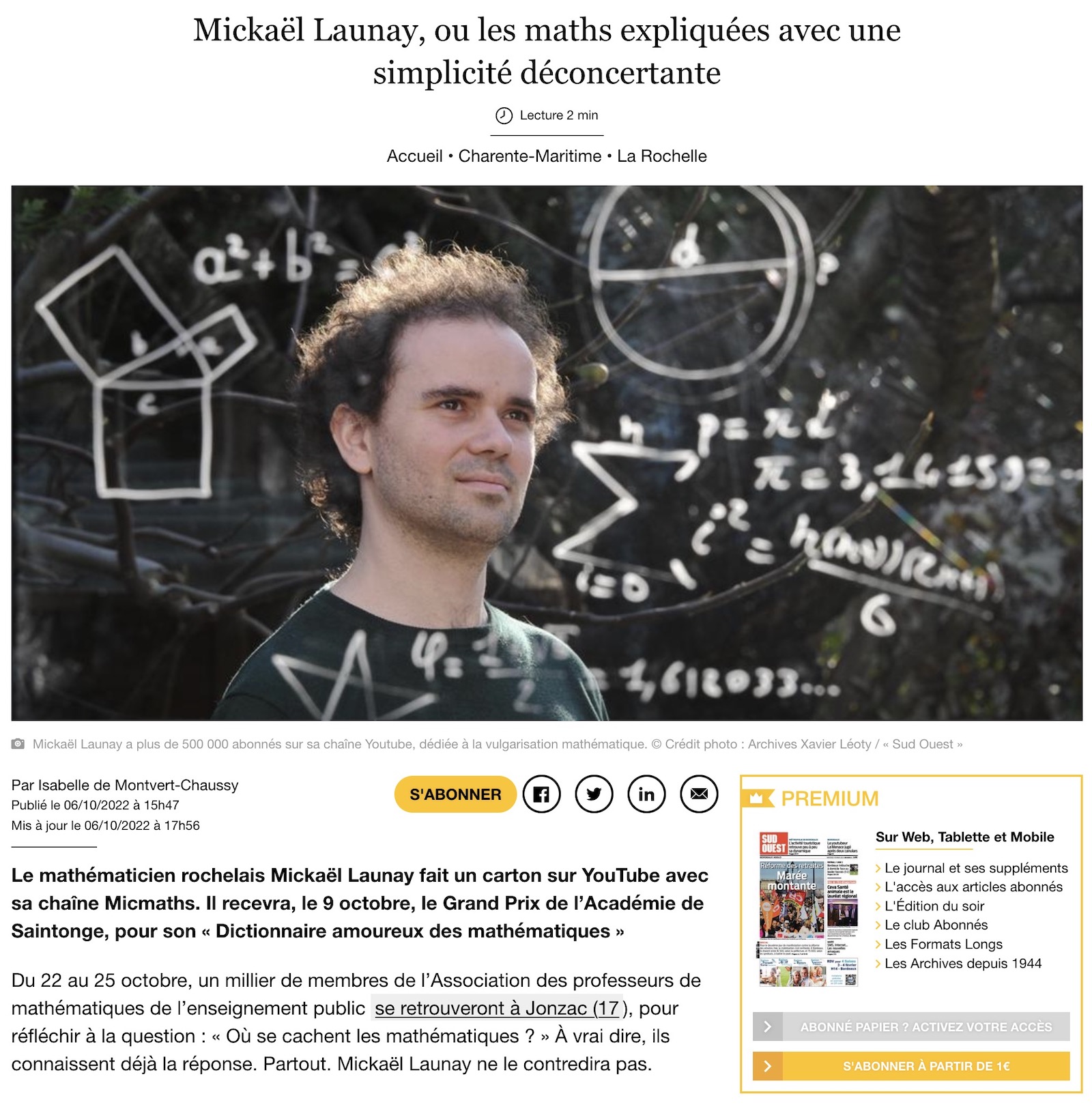 Sud-Ouest, 06/10/2022 : Mickaël Launay, ou les maths expliquées avec une simplicité déconcertante