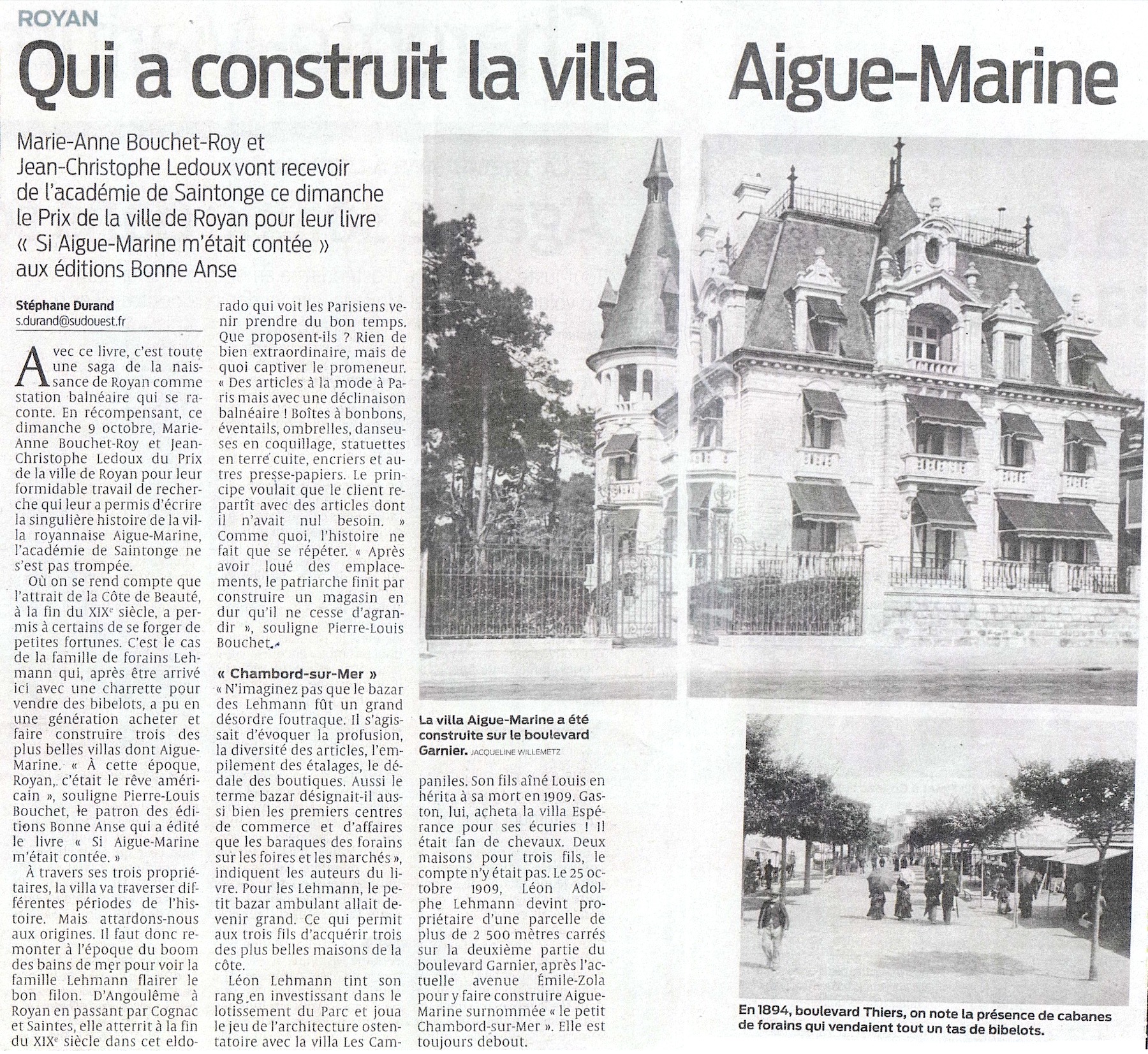 Sud Ouest, 09/10/2022 : Qui a construit la villa Aigue-Marine