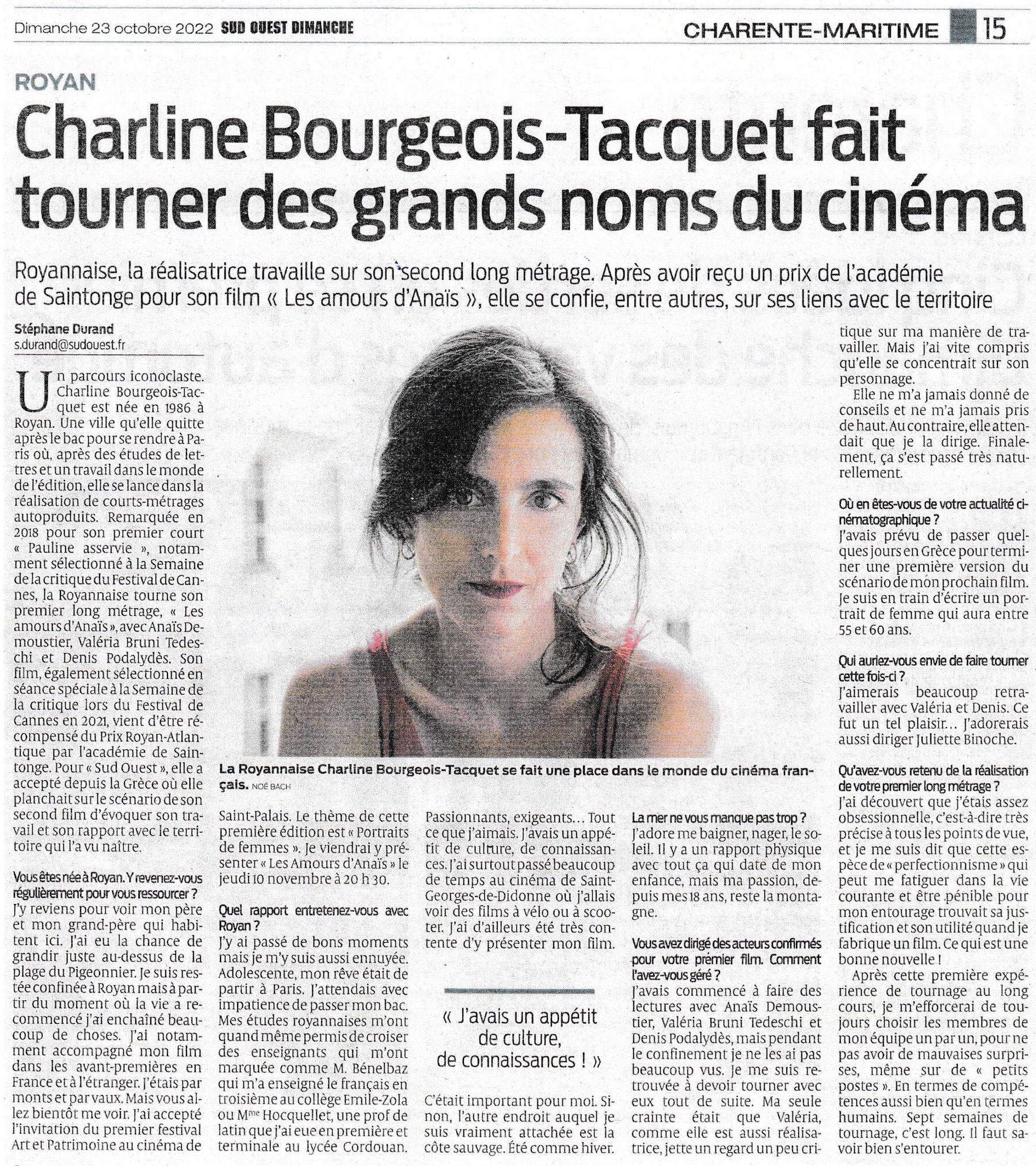 Sud Ouest Dimanche, 23/10/2022 : Charline Bourgeois-Tacquet fait tourner des grands noms du cinéma